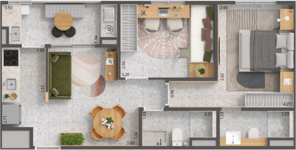Apartamentos de 2 dormitórios com suíte, varanda gourmet e ambientes integrados que valorizam o conforto e a funcionalidade.