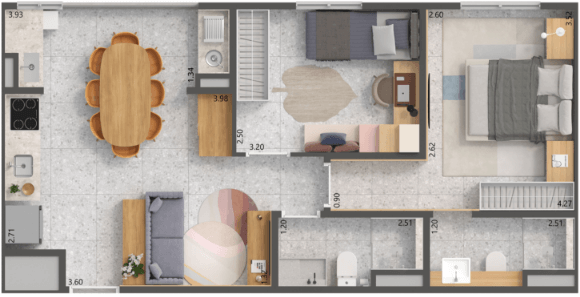 Na opção 2 dormitórios com sala estendida, você ganha espaço na área de convívio do apartamento.