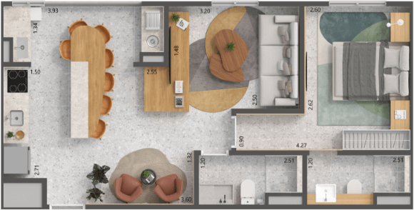 Escolha a opção sala estendida e living ampliado com 1 suíte, e amplie ainda mais a área social do apartamento.